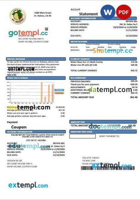 USA California City of St Helena business utility bill template in Word and PDF formats