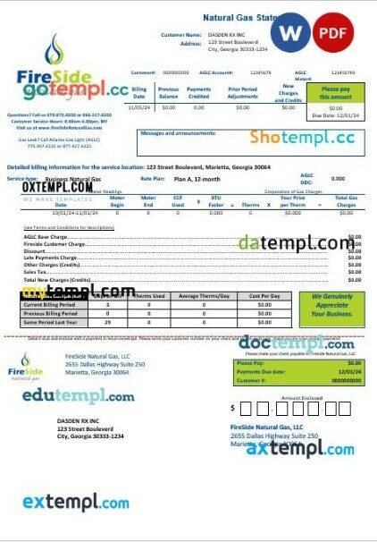 USA California FireSide natural gas busienss utility bill template in Word and PDF formats