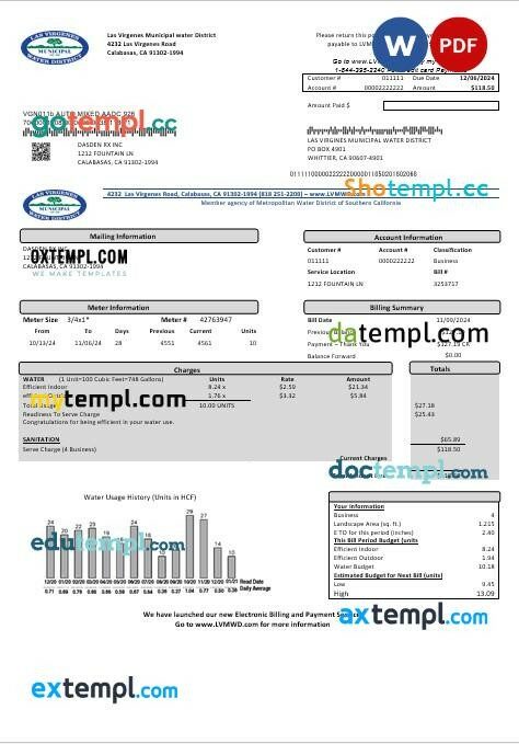 USA California Las Virgenes Municipal Water District business utility bill template in Word and PDF formats