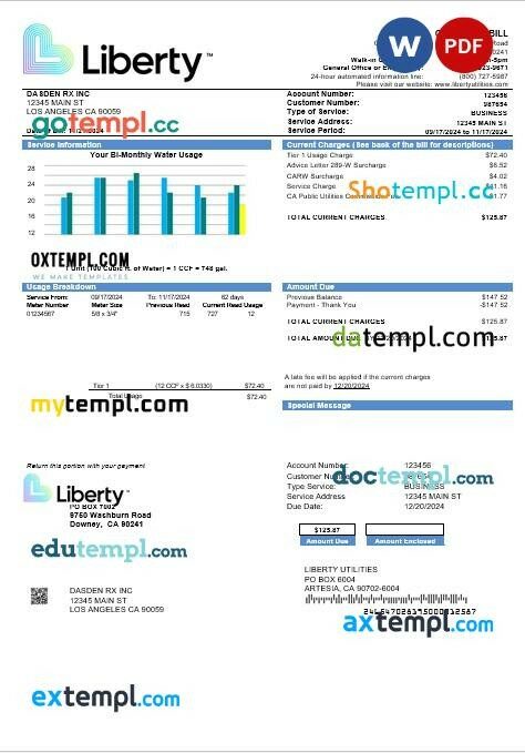 USA California Liberty Utilities business utility bill template in Word and PDF formats