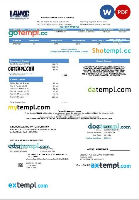 USA California Lincoln Avenue Water Company business utility bill template in Word and PDF formats