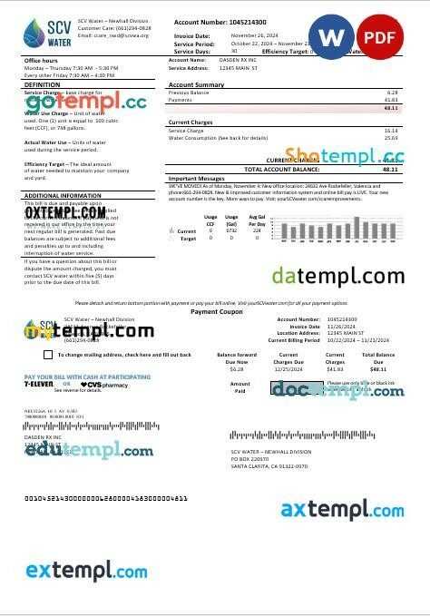 USA California Santa Clarita SCV Water business utility bill template in Word and PDF formats