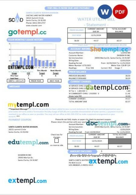 USA California Santa Clarita Water Division (SCWD) business utility bill template in Word and PDF formats