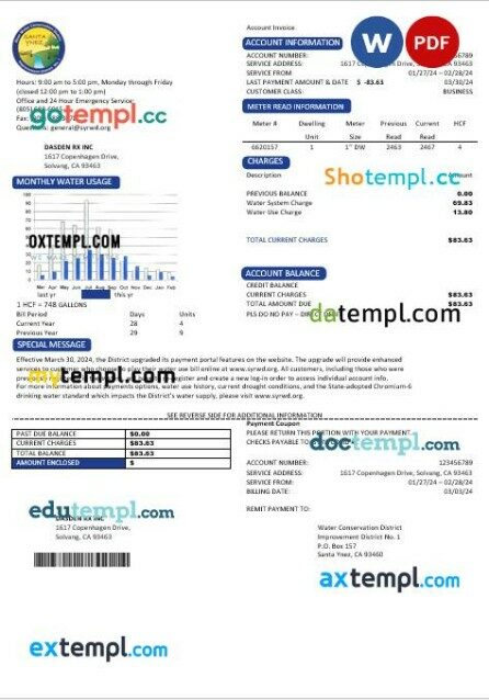 USA California Santa Ynez water business utility bill template in Word and PDF formats