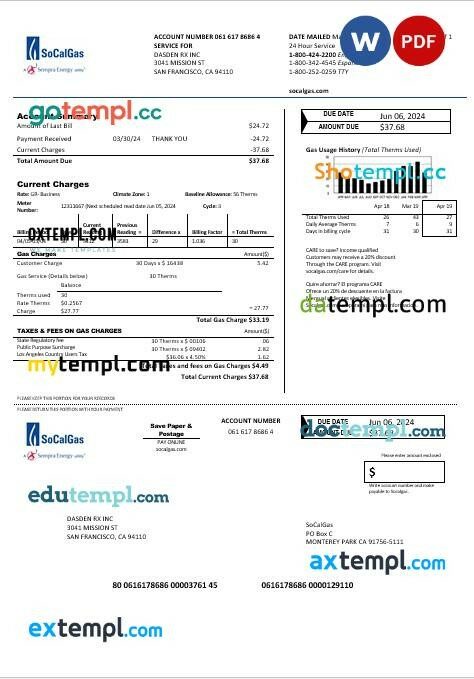 USA California SoCal Gas business utility bill template in Word and PDF formats