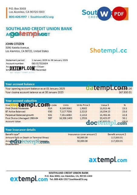 USA California Southland Credit Union bank statement Word and PDF template