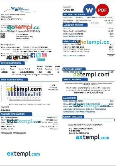 USA California West Valley Water District business utility bill template in Word and PDF formats