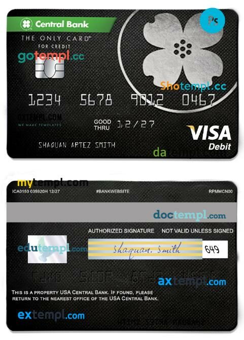 USA Central bank visa card template in PSD format