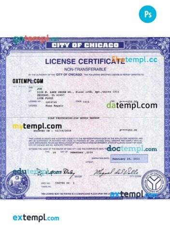 USA Chicago city vehicle certificate template in PSD format