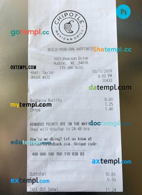 USA Chipotle restaurant payment receipt PSD template