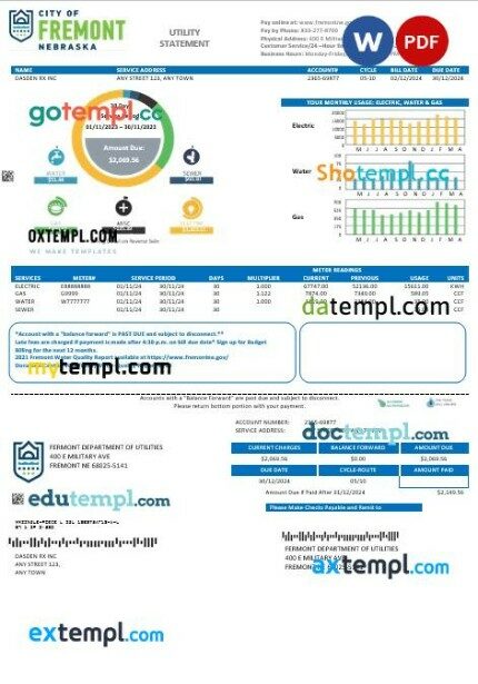 USA City of Fremont Nebraska business utility bill Word and PDF template