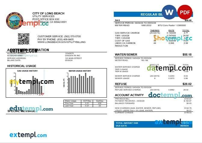 USA City of Long Beach business utility bill template in Word and PDF formats