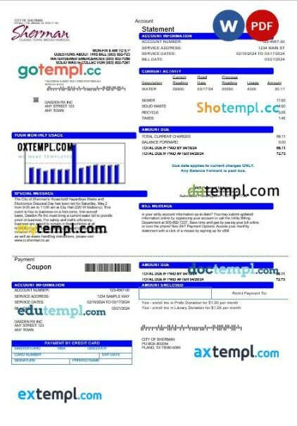 USA City of Sherman business utility bill template in Word and PDF formats