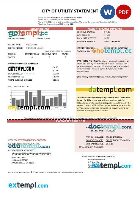 USA City of Utility Statement water business utility bill template in Word and PDF formats