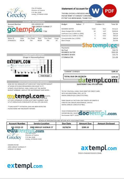 USA Colorado City of Greeley water business utility bill template in Word and PDF formats