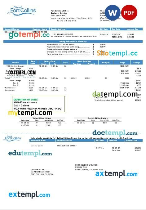 USA Colorado Fort Collins Utilities business utility bill template in Word and PDF formats