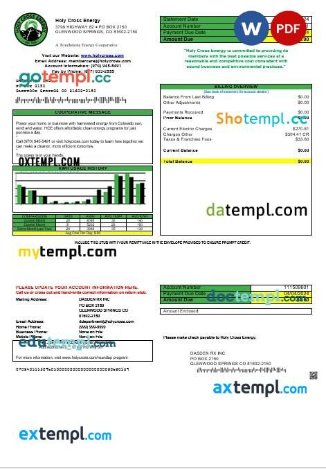 USA Colorado Holy Cross Energy business utility bill template in Word and PDF formats