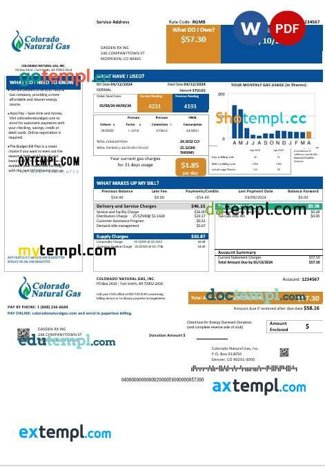 USA Colorado Natural Gas business utility bill template in Word and PDF formats