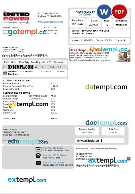 USA Colorado United Power business utility bill template in Word and PDF formats