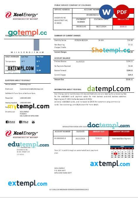 USA Colorado XcelEnergy electricity business utility bill template in Word and PDF formats, version 3