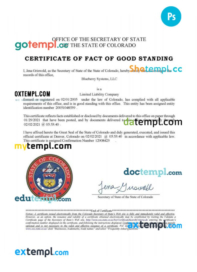 USA Colorado certificate of good standing PSD template