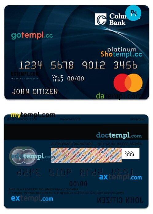 USA Columbia Bank Mastercard Platinum card template in PSD format