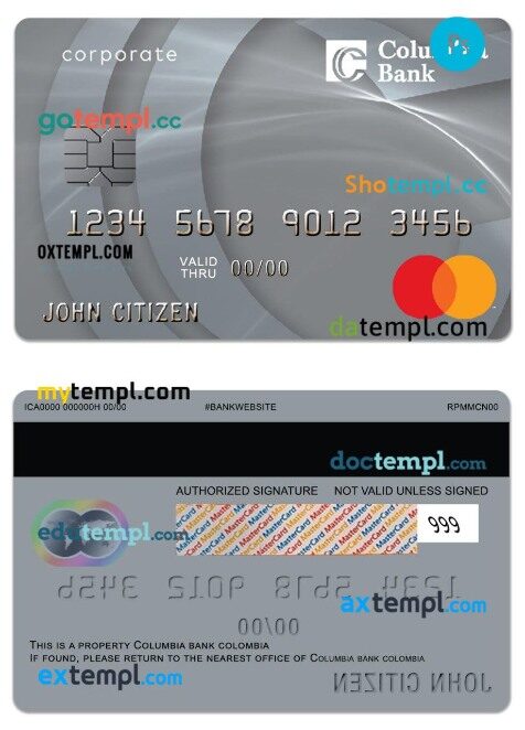 USA Columbia Bank Mastercard commercial credit card template in PSD format