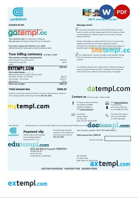 USA Con Edison electricity business utility bill template in Word and PDF formats