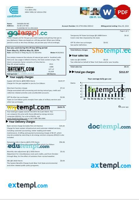 USA Con Edison gas business utility bill template in Word and PDF formats