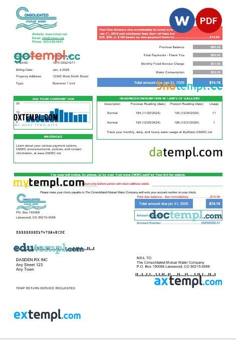 USA Consolidated Mutual Water business utility bill template in Word and PDF formats