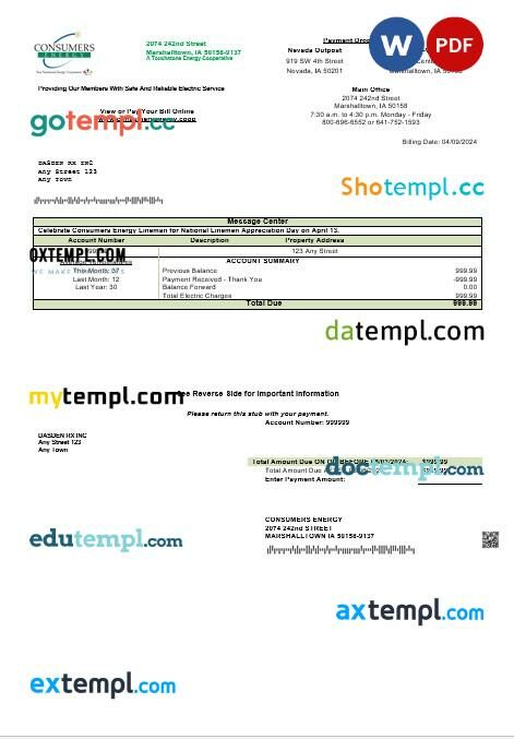 USA Consumers Energy business utility bill template in Word and PDF formats