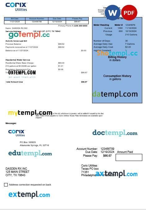 USA Corix Utilities business utility bill template in Word and PDF formats