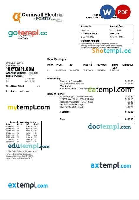 USA Cornwall Electric business utility bill template in Word and PDF formats