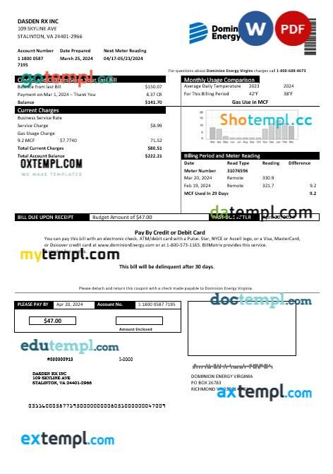 USA Dominion Energy business utility bill template in Word and PDF formats