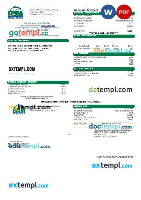 USA ECUA business utility bill template in Word and PDF formats