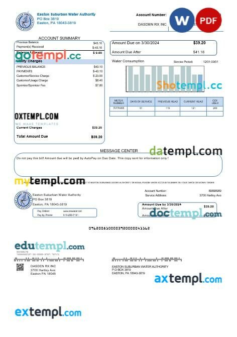 USA Eastern Suburban Water Authority business utility bill template in Word and PDF formats