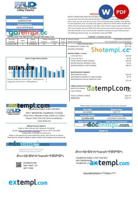 USA Fallbrook Public business utility bill template in Word and PDF formats