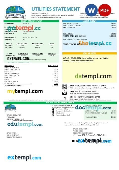 USA Florida City of Edgewater business utility bill template in Word and PDF formats