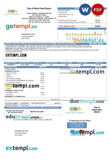 USA Florida City of West Palm Beach business utility bill template in Word and PDF formats