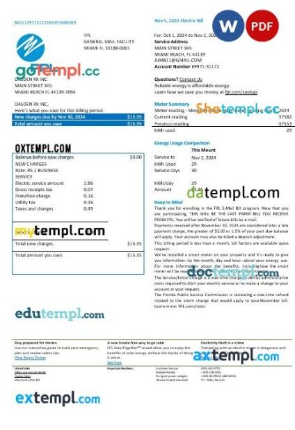 USA Florida FPL electricity business utility bill Word and PDF formats, version 2