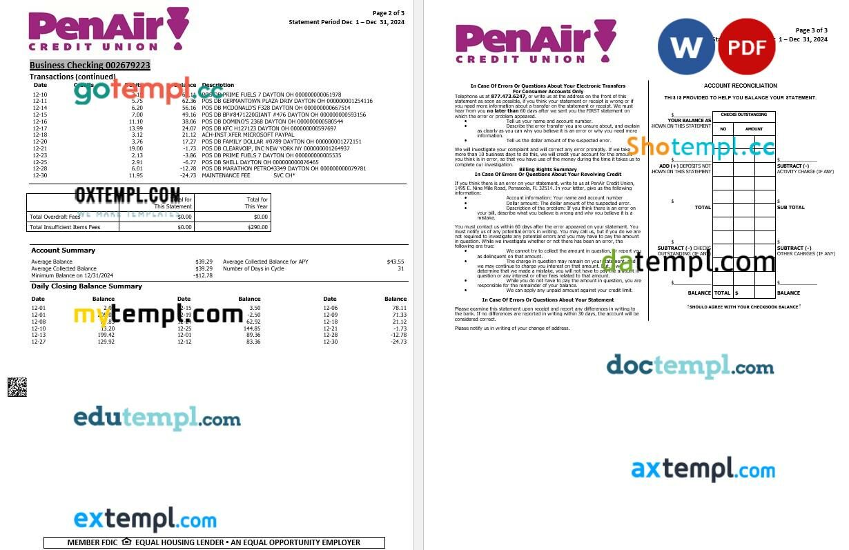 USA Florida PenAir Credit Union bank statement Word and PDF template, 3 pages