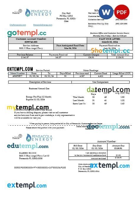 USA Florida Pensacola Energy business utility bill template in Word and PDF formats