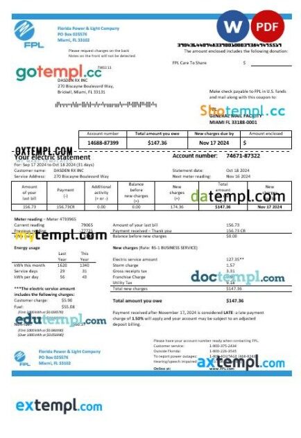 USA Florida Power & Light Company (FPL) electricity business utility bill template in Word and PDF formats