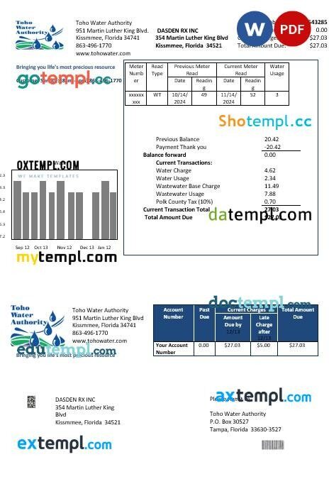 USA Florida Toho Water Authority business utility bill template in Word and PDF formats