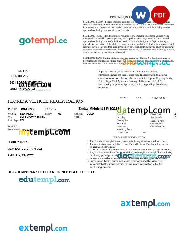 USA Florida vehicle registration template in Word and PDF formats