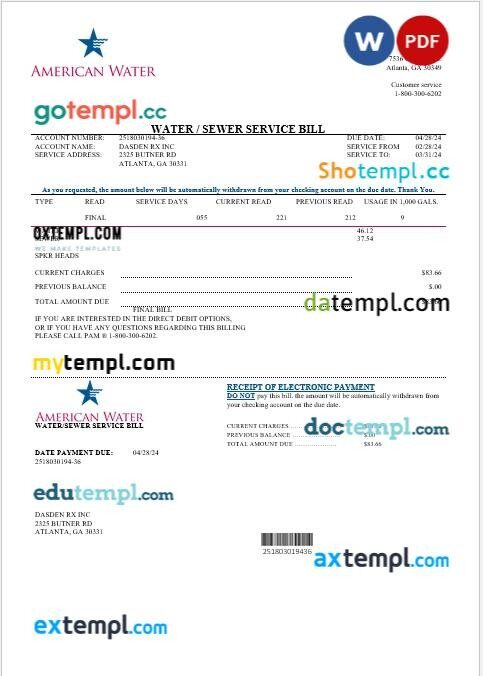 USA Georgia American Water business utility bill template in Word and PDF formats