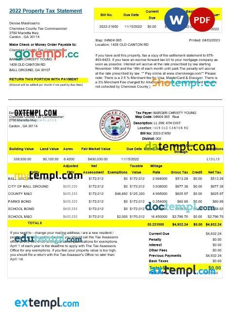 USA Georgia Cherokee County Tax Commissioner property tax bill editable template in Word and PDF formats