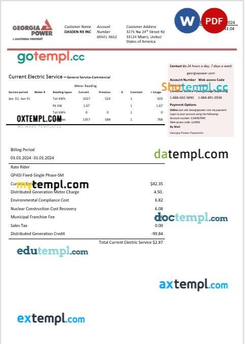 USA Georgia Power business utility bill template in Word and PDF formats, fully editable