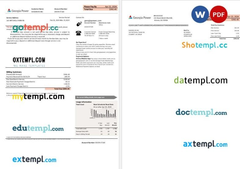 USA Georgia Power business utility new brand bill template in Word and PDF formats, fully editable