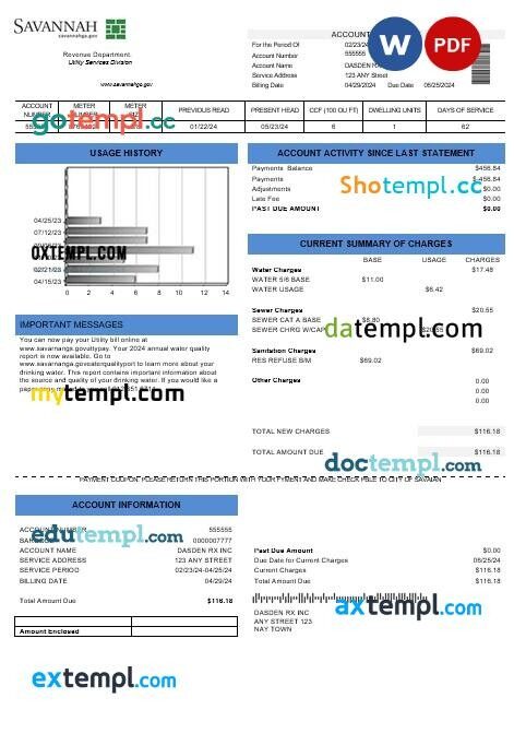 USA Georgia Savannah business utility bill template in Word and PDF formats